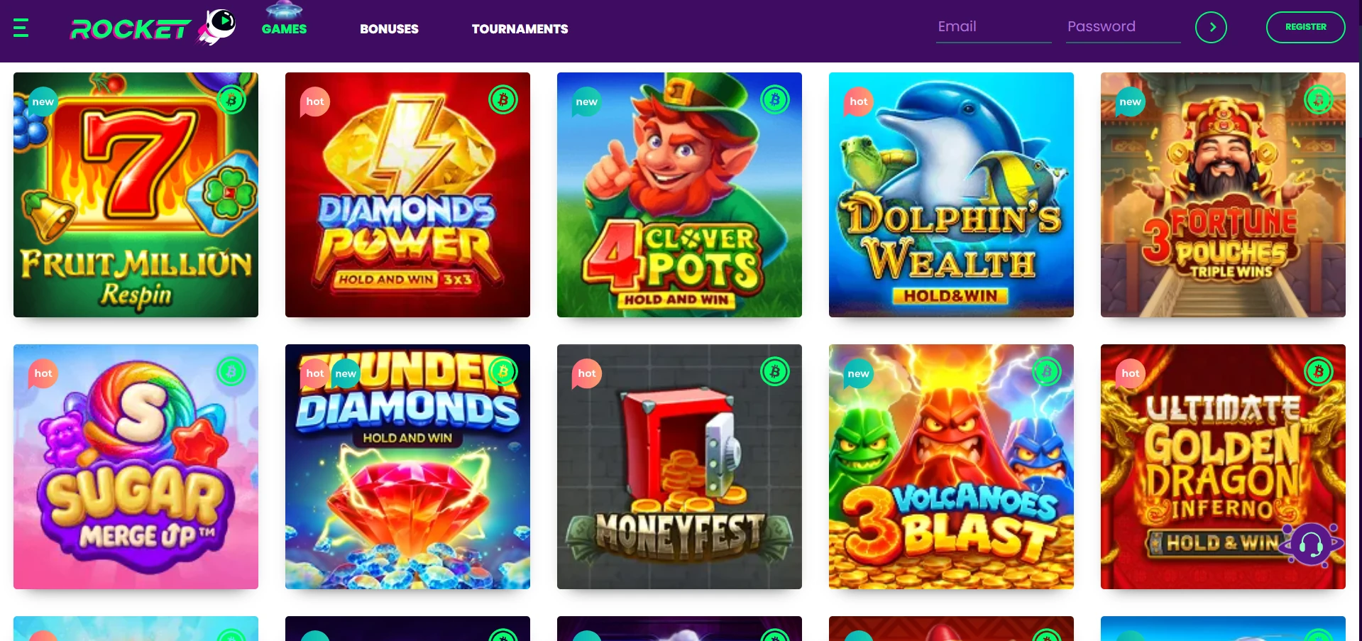 Rocket game lobby with rows of game icons